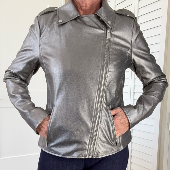 Boston Proper Metallic Faux Leather Moto Jacket size Small - Picture 1 of 4